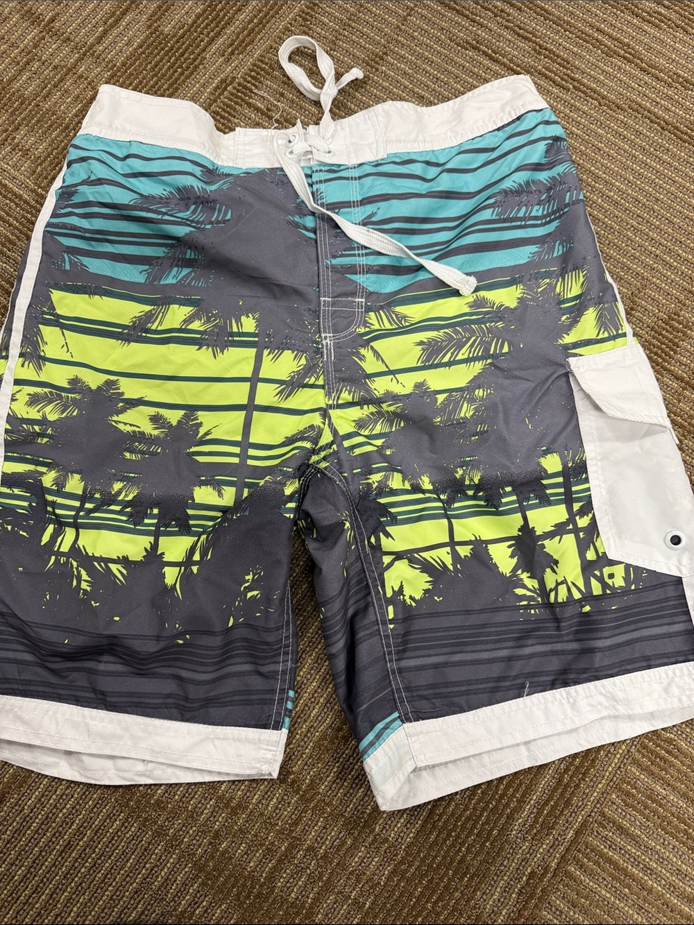 Men's Blue, Lime & Gray Palm-Print Swim Board Shorts